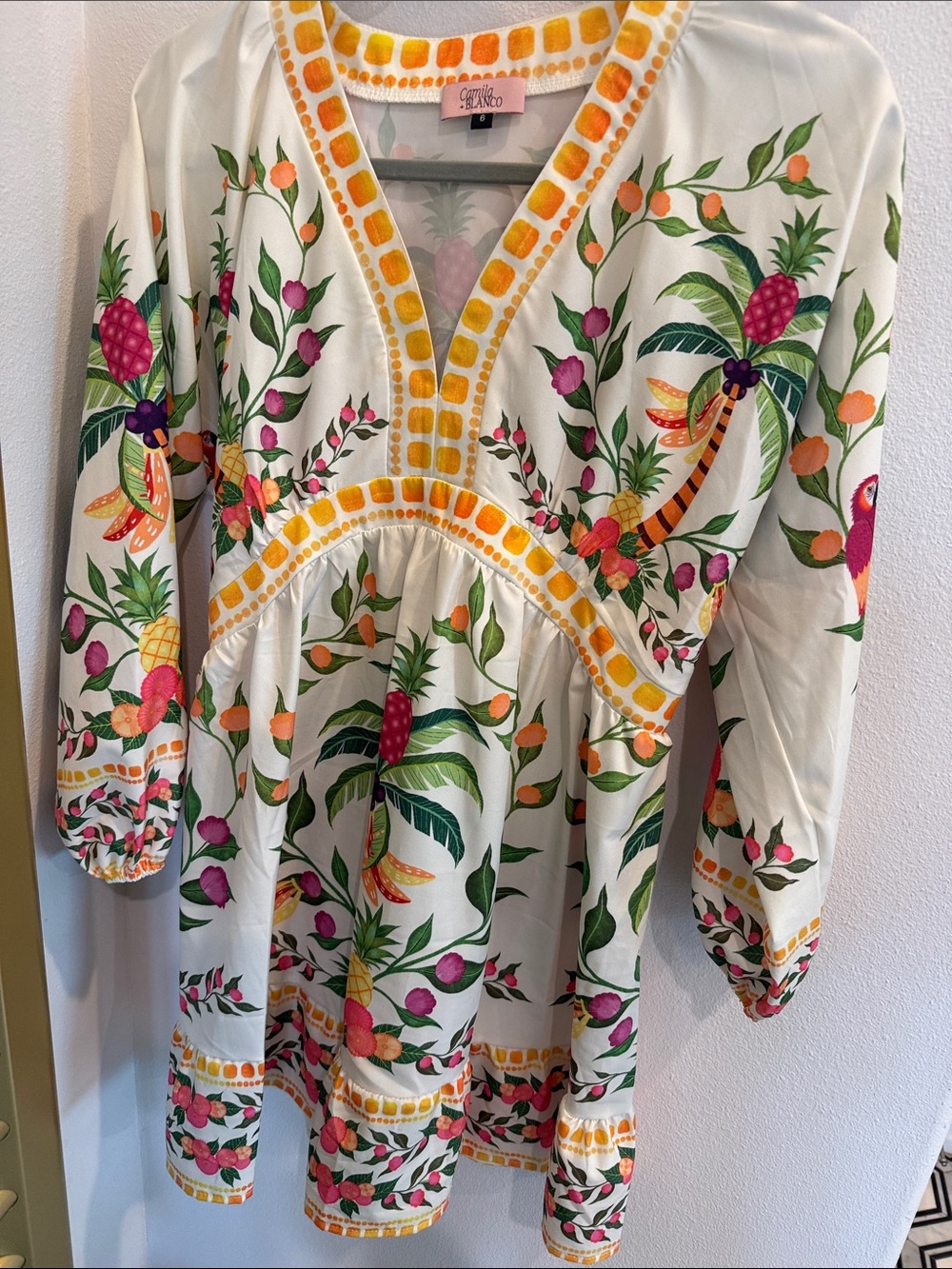Tropical Embroidered White Midi Dress by Carmen Marc Valvo